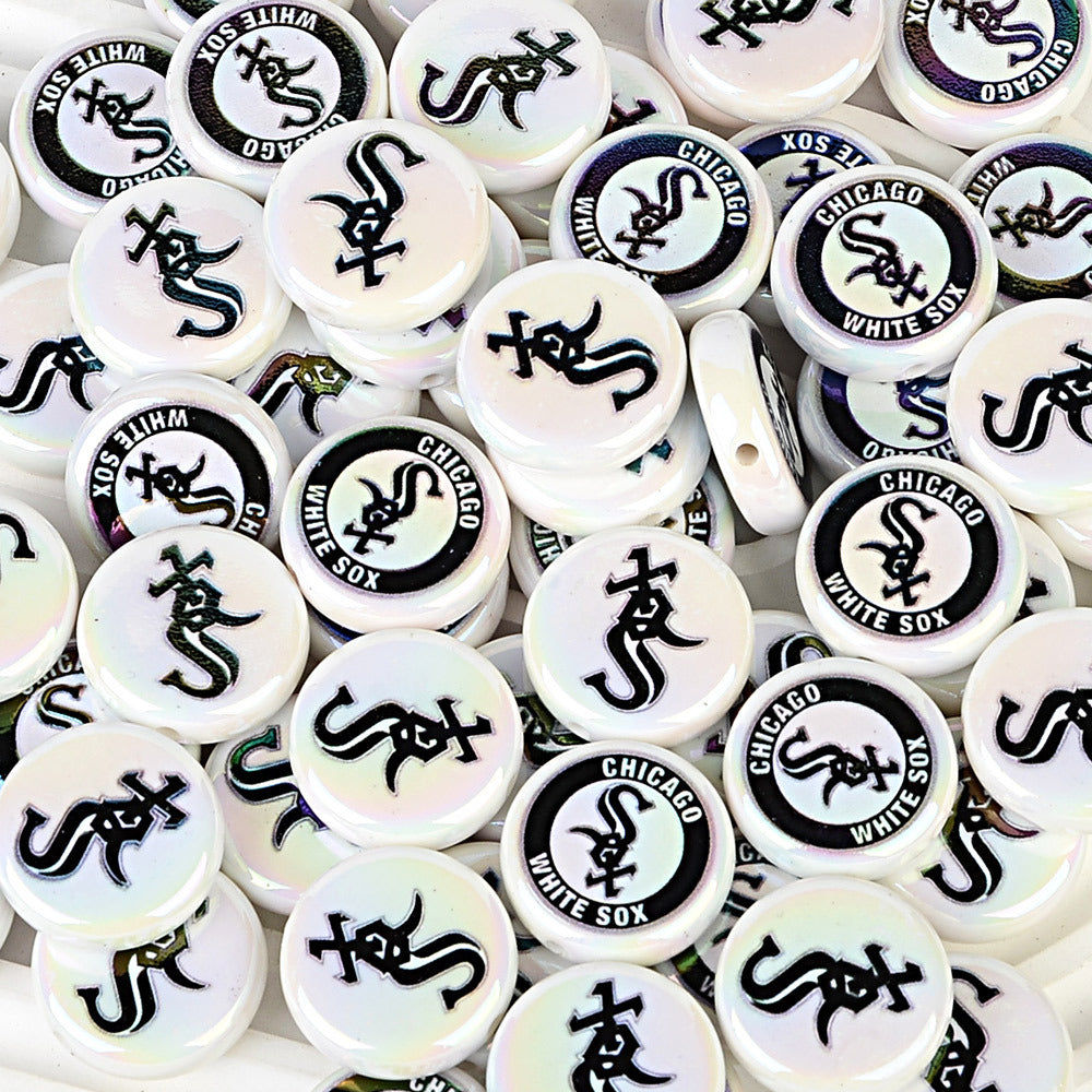 Large 24mm Baseball Team Logo Flat Round Beads - Iridescent AB Finish Coin | DIY Sports Fan Bracelet & Keychain Craft Bead