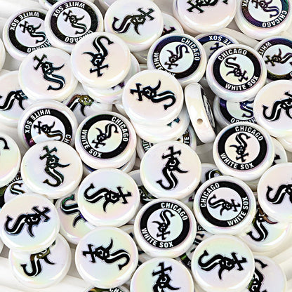 Large 24mm Baseball Team Logo Flat Round Beads - Iridescent AB Finish Coin | DIY Sports Fan Bracelet & Keychain Craft Bead