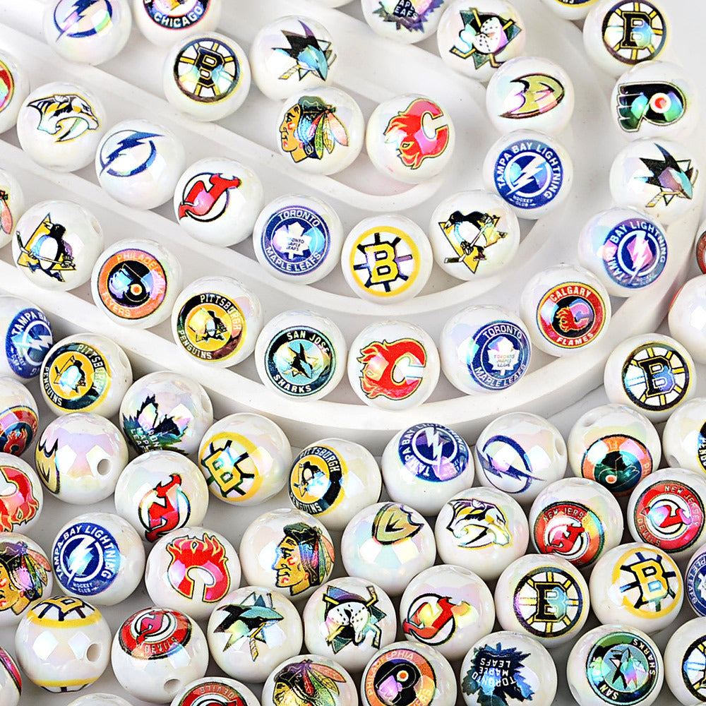 16mm NHL Team Logo Inspired 16mm Pearl Beads - Iridescent AB Finish Round | DIY Sports Fan Bracelet & Keychain Craft Bead