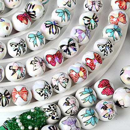 16mm Iridescent AB White Round Beads with Colorful Bow Knot Prints, | Acrylic Bead for DIY Bracelet Keychain Jewelry Making