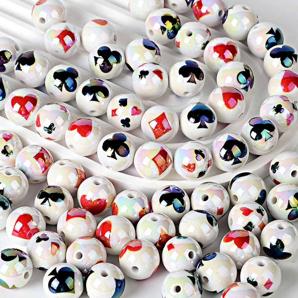 16mm Poker Playing Card Suits Print Beads - Iridescent AB White | Acrylic Bead for DIY Bracelet Keychain Jewelry Making