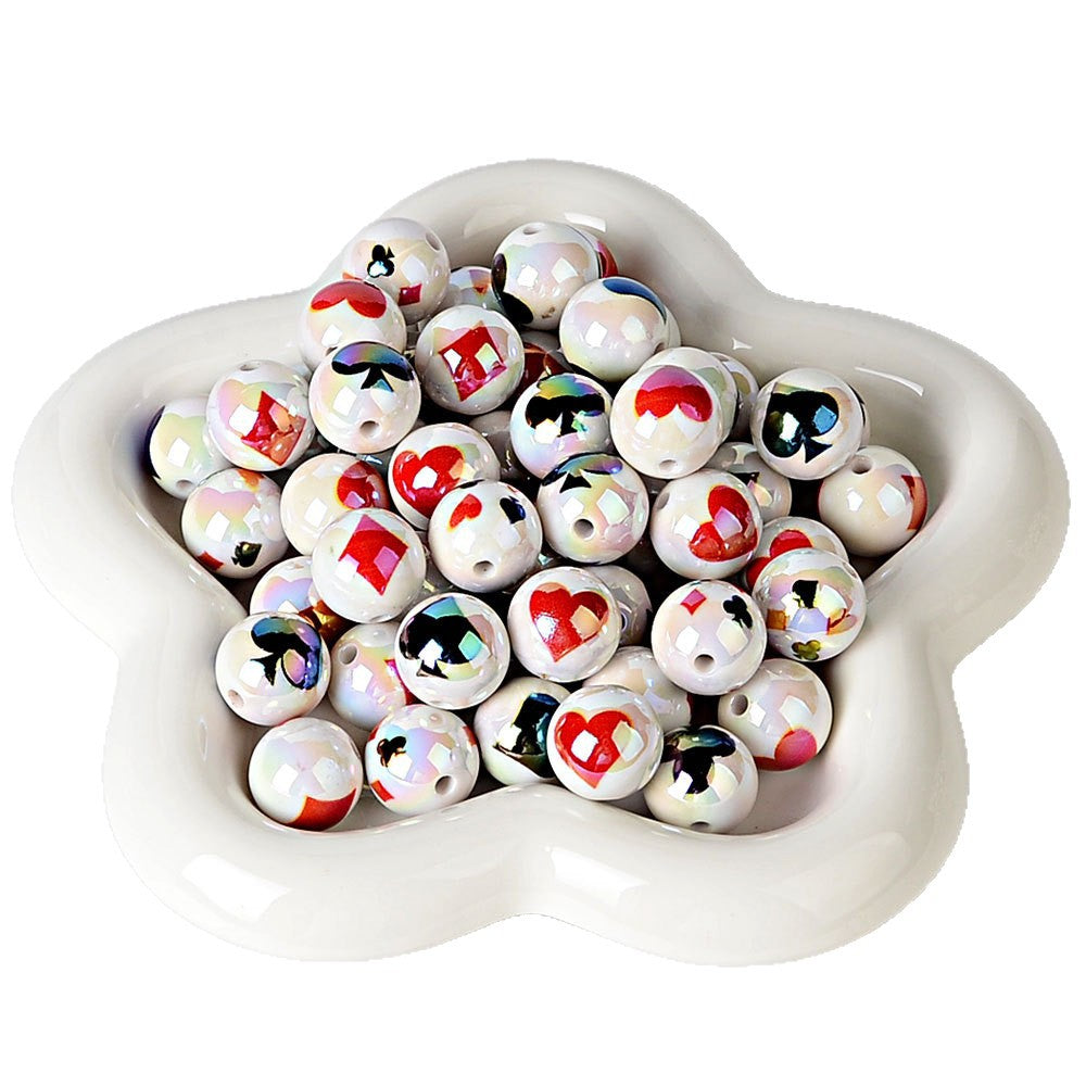 16mm Poker Playing Card Suits Print Beads - Iridescent AB White | Acrylic Bead for DIY Bracelet Keychain Jewelry Making