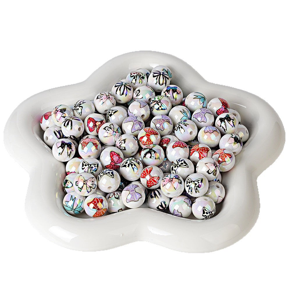16mm Iridescent AB White Round Beads with Colorful Bow Knot Prints, | Acrylic Bead for DIY Bracelet Keychain Jewelry Making