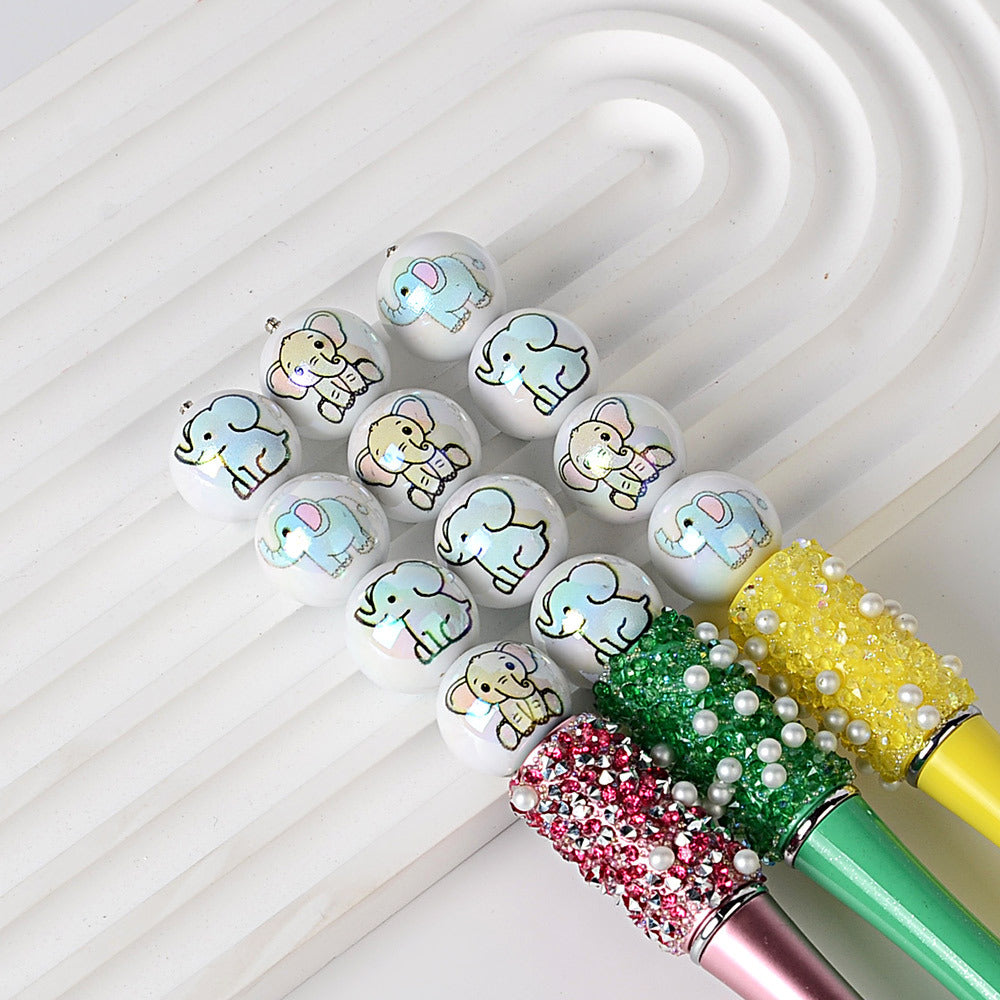 16mm Cute Baby Elephant Print Beads - Iridescent AB White Round | Acrylic Bead for DIY Bracelet Keychain Jewelry Making