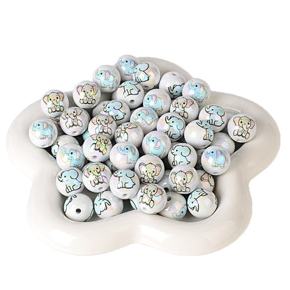 16mm Cute Baby Elephant Print Beads - Iridescent AB White Round | Acrylic Bead for DIY Bracelet Keychain Jewelry Making