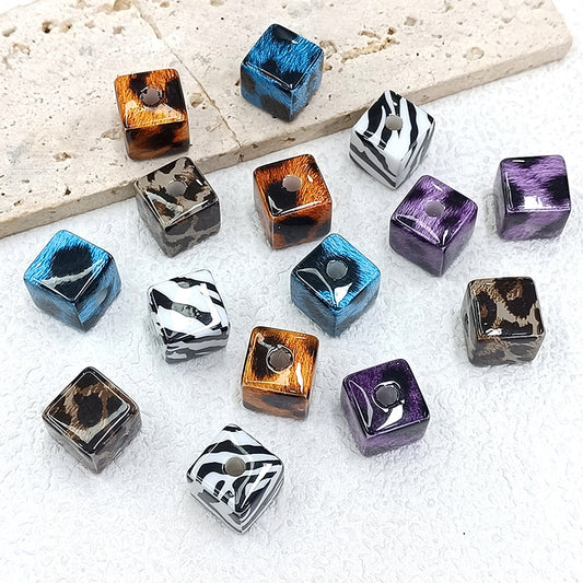 20pcs Trendy Animal Print Cube Beads - 14mm Leopard & Zebra Pattern | Acrylic Bead for DIY Bracelet Keychain Jewelry Making