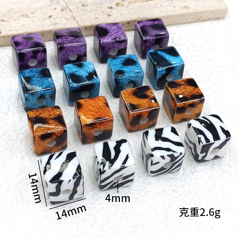 20pcs Trendy Animal Print Cube Beads - 14mm Leopard & Zebra Pattern | Acrylic Bead for DIY Bracelet Keychain Jewelry Making