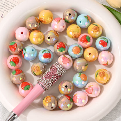 16mm Fruit Printed AB Iridescent Acrylic Beads for Beadable Pens - | Acrylic Bead for DIY Bracelet Keychain Jewelry Making
