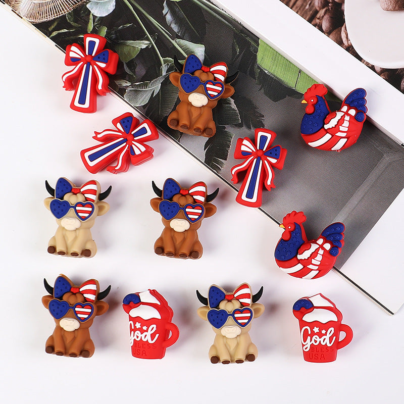 Patriotic Highland Cow & Rooster Silicone Focal Beads, USA Flag Theme | Silicone Focal Bead for DIY Keychain & Pen Wrap