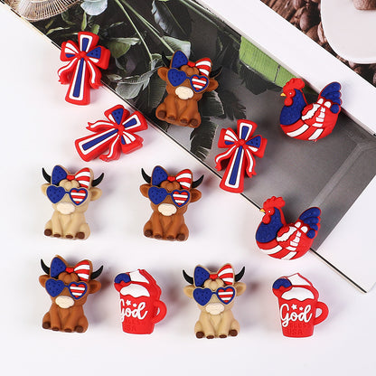 Patriotic Highland Cow & Rooster Silicone Focal Beads, USA Flag Theme | Silicone Focal Bead for DIY Keychain & Pen Wrap