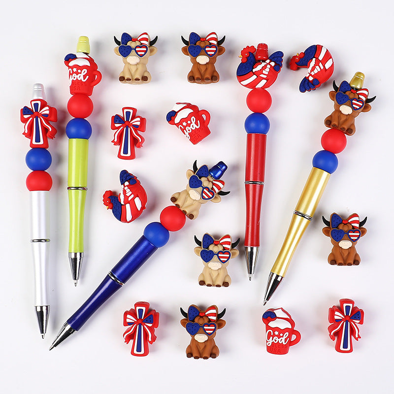 Patriotic Highland Cow & Rooster Silicone Focal Beads, USA Flag Theme | Silicone Focal Bead for DIY Keychain & Pen Wrap