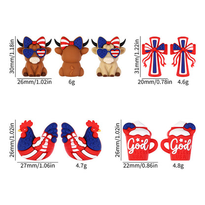 Patriotic Highland Cow & Rooster Silicone Focal Beads, USA Flag Theme | Silicone Focal Bead for DIY Keychain & Pen Wrap