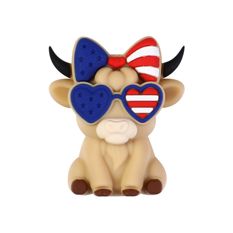 Patriotic Highland Cow & Rooster Silicone Focal Beads, USA Flag Theme | Silicone Focal Bead for DIY Keychain & Pen Wrap