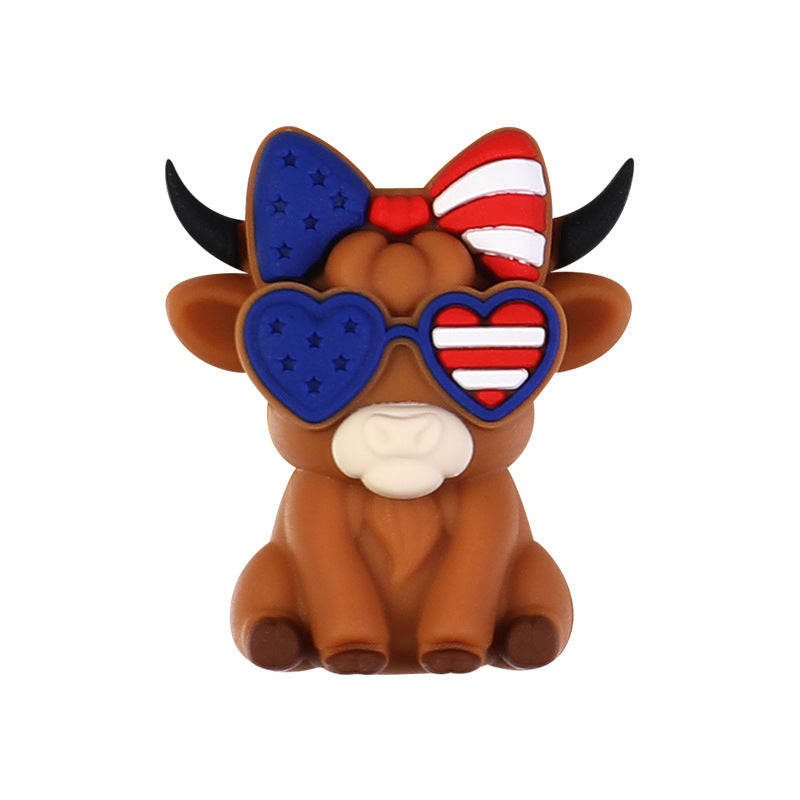 Patriotic Highland Cow & Rooster Silicone Focal Beads, USA Flag Theme | Silicone Focal Bead for DIY Keychain & Pen Wrap