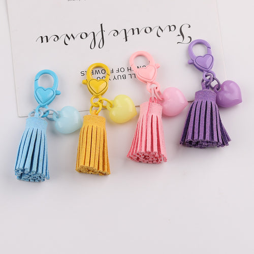 Kawaii Pastel Tassel Heart Keychain - 6cm Suede Fringe Charm with Heart-Shaped Lobster Clasp for DIY Phone Straps & Bag Accessories