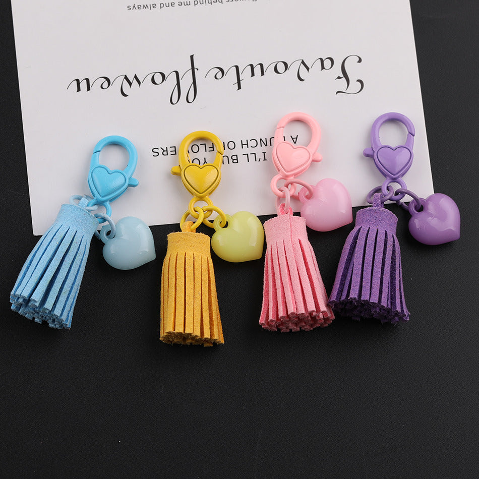 Kawaii Pastel Tassel Heart Keychain - 6cm Suede Fringe Charm with Heart-Shaped | DIY Keychain Bracelet Making Supply