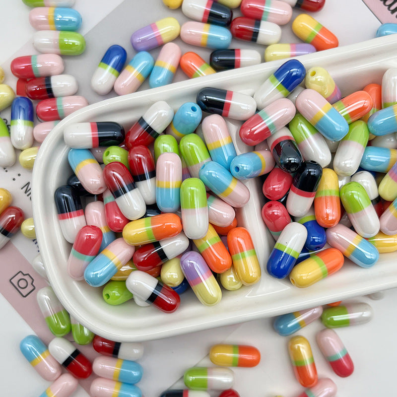 9x20mm Cute Capsule Pill Resin Beads, Happy Medical Color-Block | Acrylic Bead for DIY Bracelet Keychain Jewelry Making