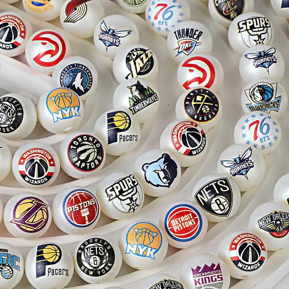 16MM Basketball Team Logo Beads, 16mm Round Acrylic Sports Spacer Beads for DIY Jewelry Making, Beadable Pen Crafts, Keychain Accessories for Basketball Fans