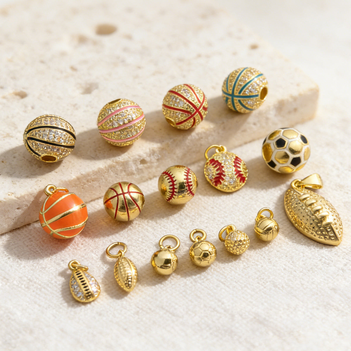 10MM 14K Gold Plated Sports Charms, CZ Micro Pave Basketball Football Baseball Beads, 3D Athletic Ball Pendants for DIY Luxury Jewelry Making, Beadable Pen Crafts