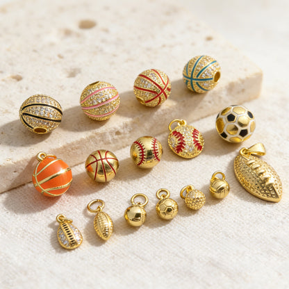 10MM 14K Gold Plated Sports Charms, CZ Micro Pave Basketball Football Baseball Beads, 3D Athletic Ball Pendants for DIY Luxury Jewelry Making, Beadable Pen Crafts
