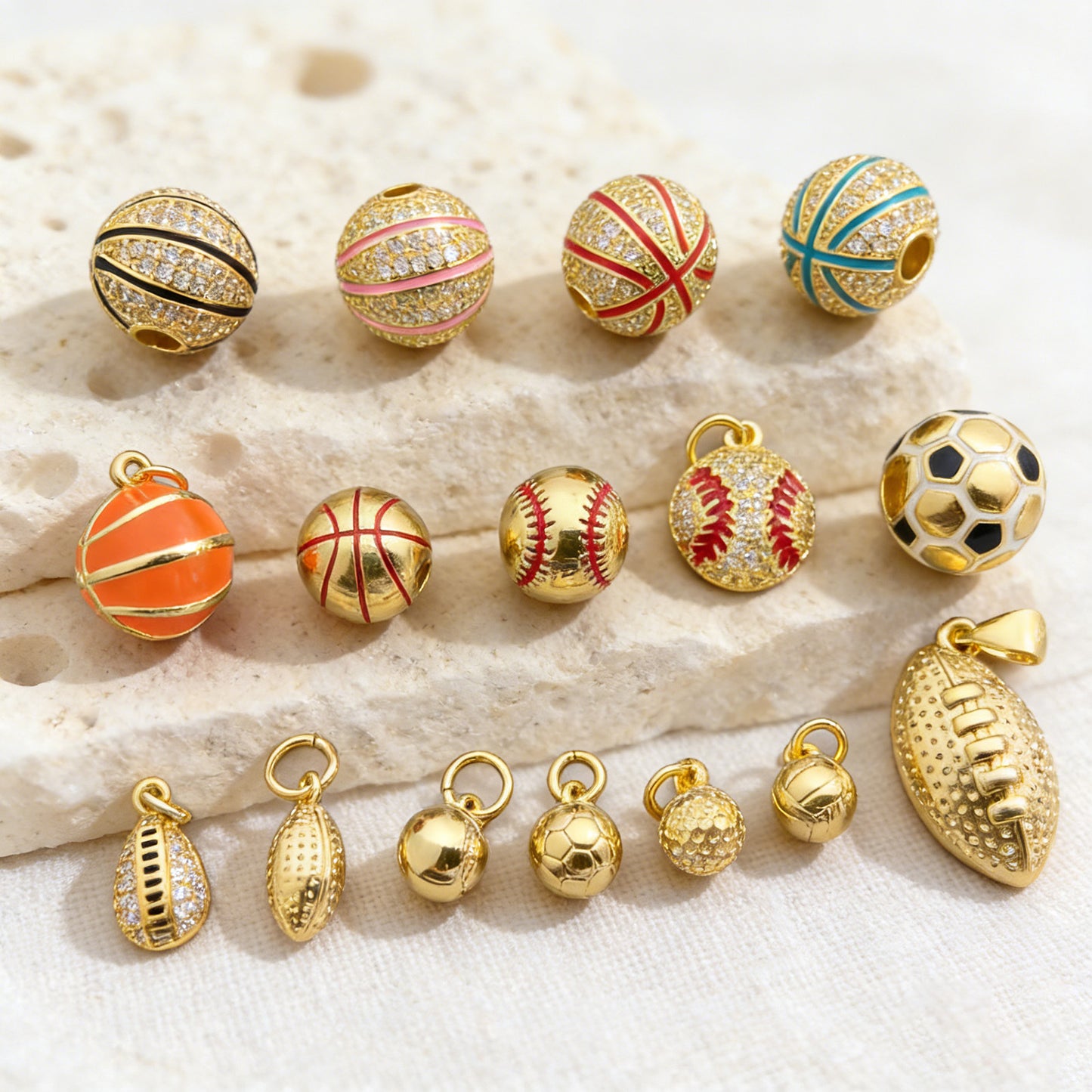 10MM 14K Gold Plated Sports Charms, CZ Micro Pave Basketball Football Baseball Beads, 3D Athletic Ball Pendants for DIY Luxury Jewelry Making, Beadable Pen Crafts
