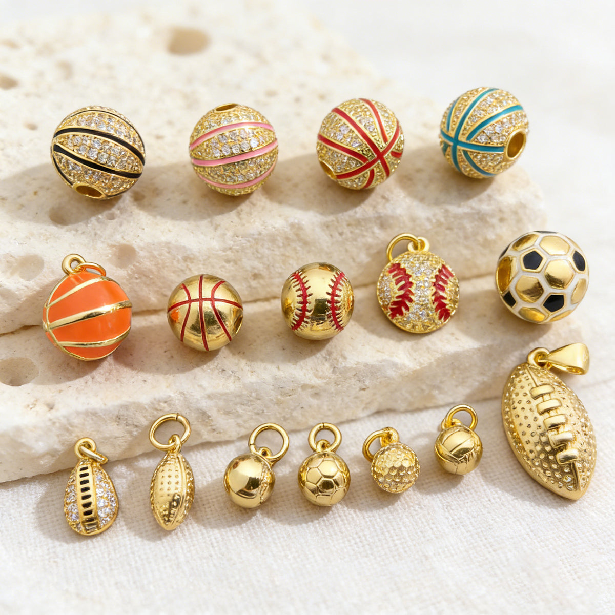 10MM 14K Gold Plated Sports Charms, CZ Micro Pave Basketball Football Baseball Beads, 3D Athletic Ball Pendants for DIY Luxury Jewelry Making, Beadable Pen Crafts