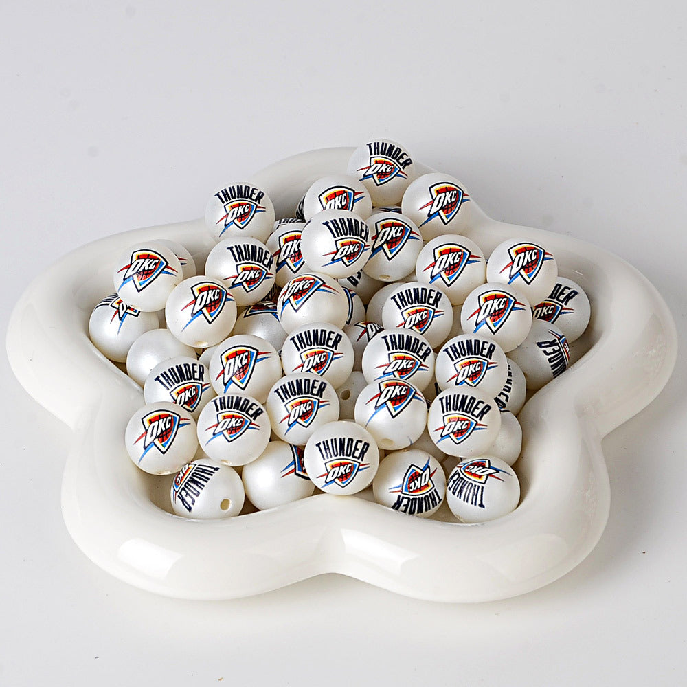 16MM Basketball Team Logo Beads, 16mm Round Acrylic Sports Spacer Beads for DIY Jewelry Making, Beadable Pen Crafts, Keychain Accessories for Basketball Fans