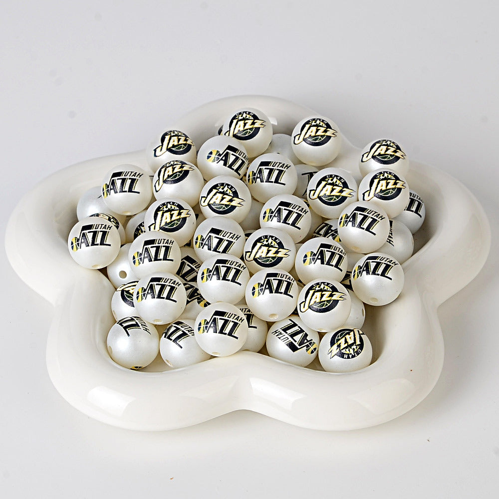 16MM Basketball Team Logo Beads, 16mm Round Acrylic Sports Spacer Beads for DIY Jewelry Making, Beadable Pen Crafts, Keychain Accessories for Basketball Fans