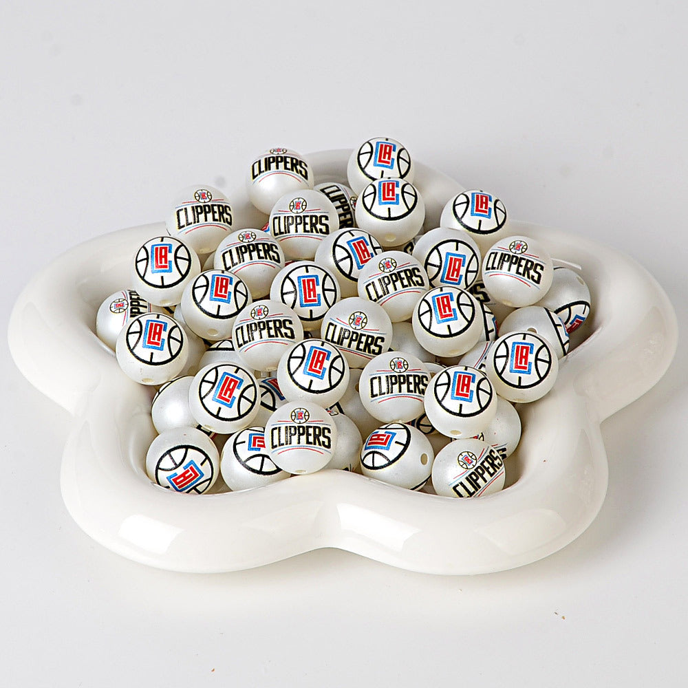 16MM Basketball Team Logo Beads, 16mm Round Acrylic Sports Spacer Beads for DIY Jewelry Making, Beadable Pen Crafts, Keychain Accessories for Basketball Fans