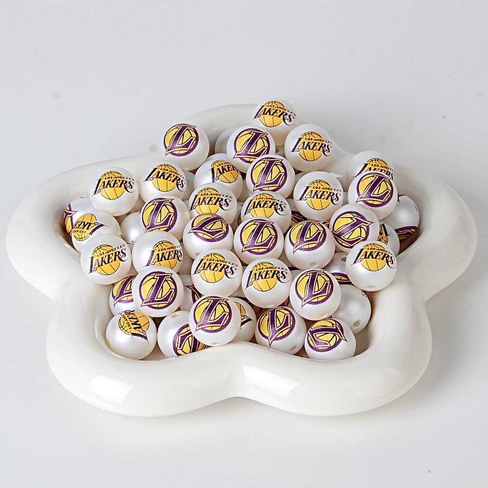 16MM Basketball Team Logo Beads, 16mm Round Acrylic Sports Spacer Beads for DIY Jewelry Making, Beadable Pen Crafts, Keychain Accessories for Basketball Fans