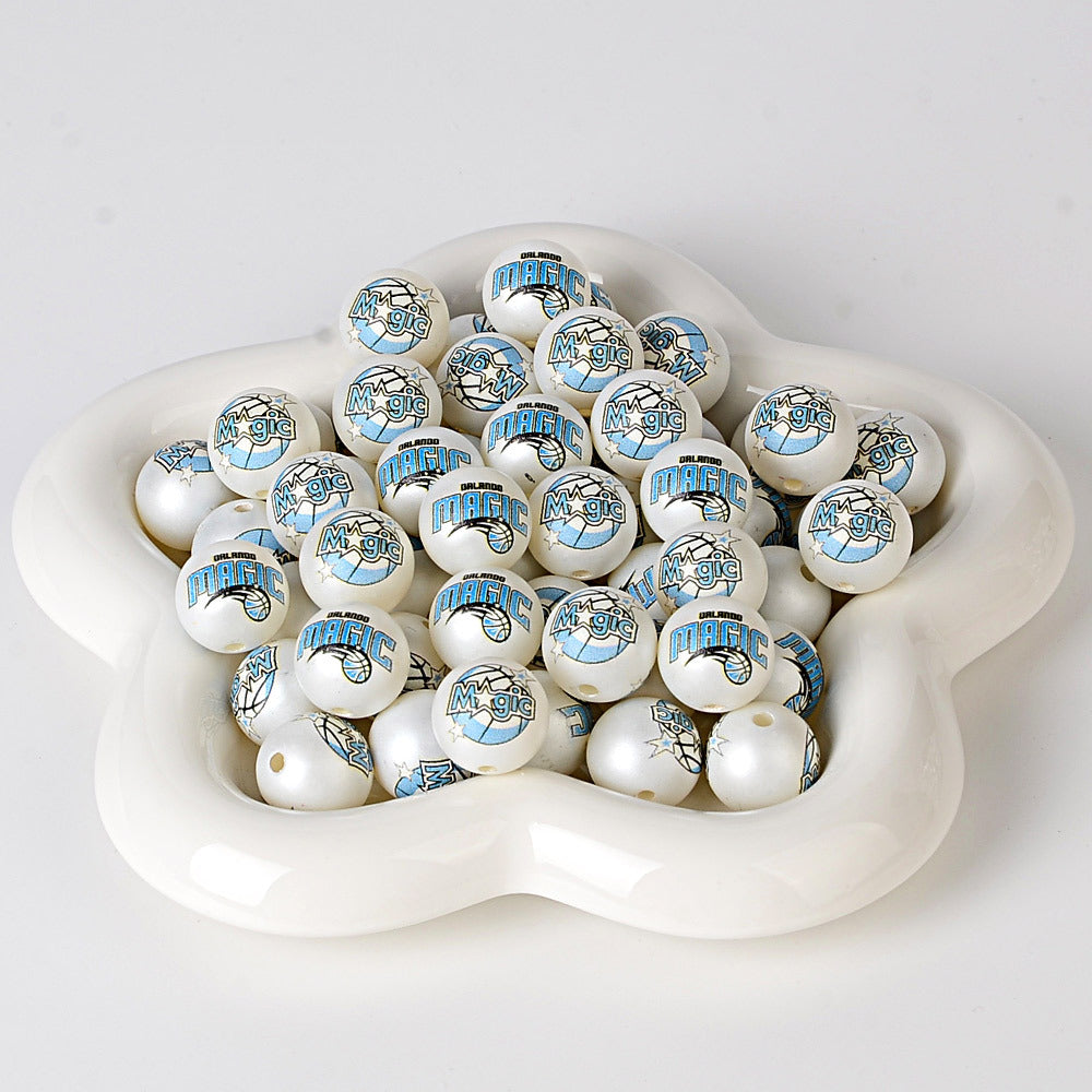 16MM Basketball Team Logo Beads, 16mm Round Acrylic Sports Spacer Beads for DIY Jewelry Making, Beadable Pen Crafts, Keychain Accessories for Basketball Fans