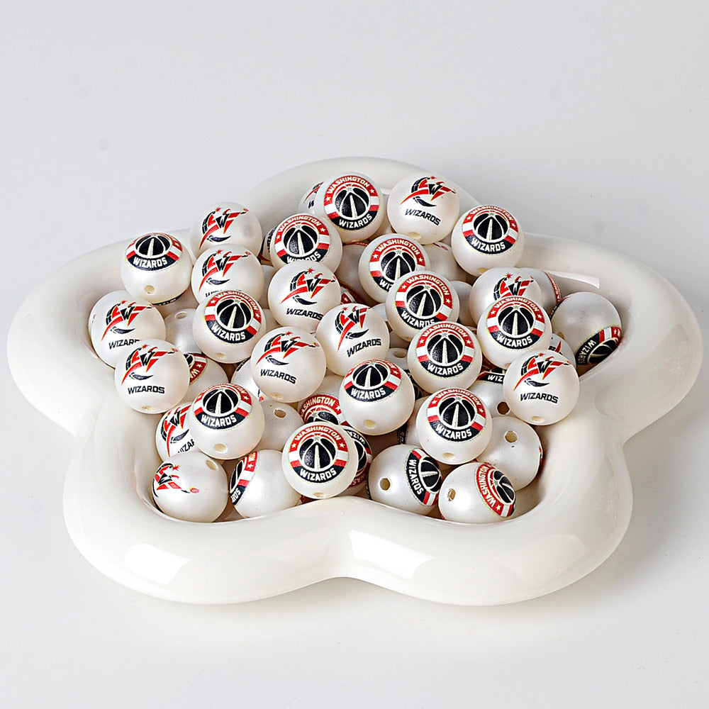 16MM Basketball Team Logo Beads, 16mm Round Acrylic Sports Spacer Beads for DIY Jewelry Making, Beadable Pen Crafts, Keychain Accessories for Basketball Fans