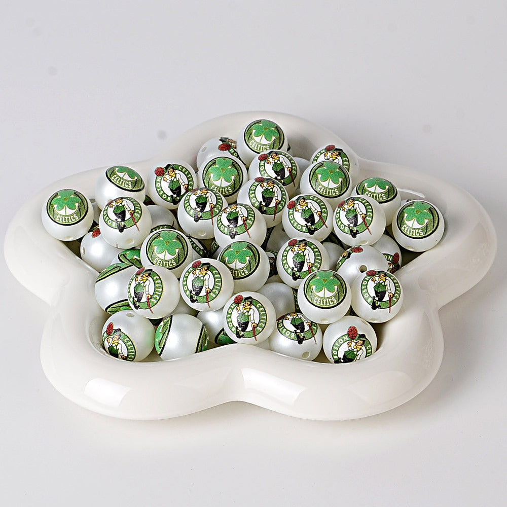16MM Basketball Team Logo Beads, 16mm Round Acrylic Sports Spacer Beads for DIY Jewelry Making, Beadable Pen Crafts, Keychain Accessories for Basketball Fans