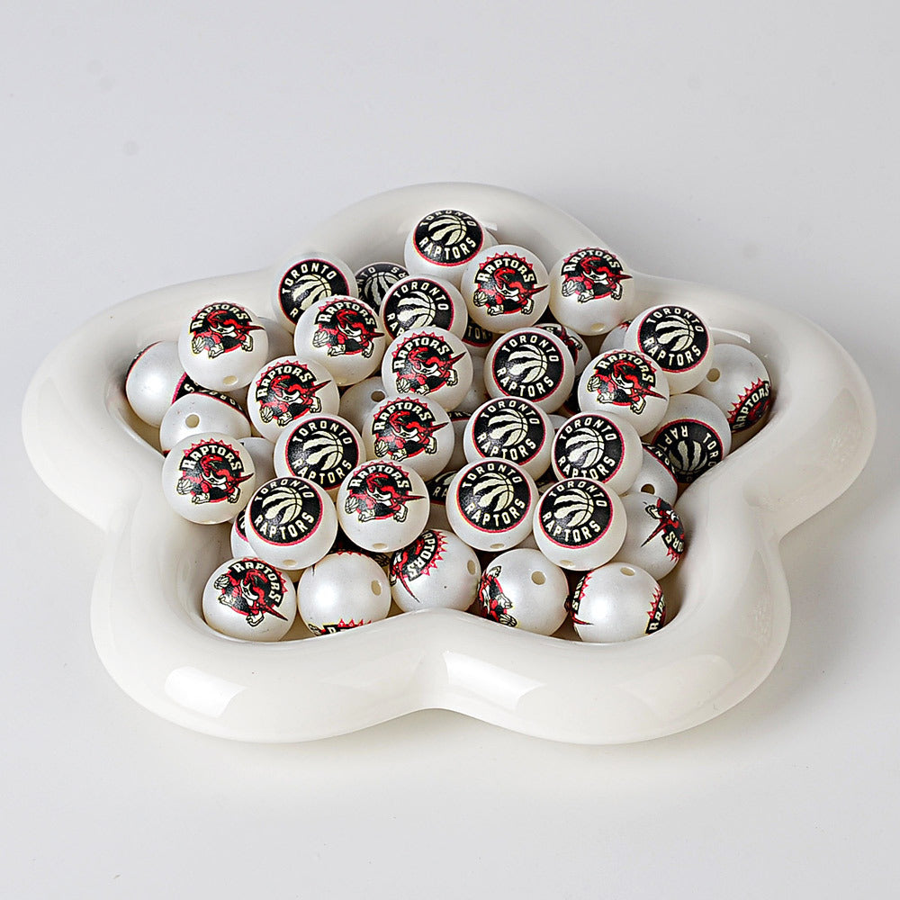 16MM Basketball Team Logo Beads, 16mm Round Acrylic Sports Spacer Beads for DIY Jewelry Making, Beadable Pen Crafts, Keychain Accessories for Basketball Fans
