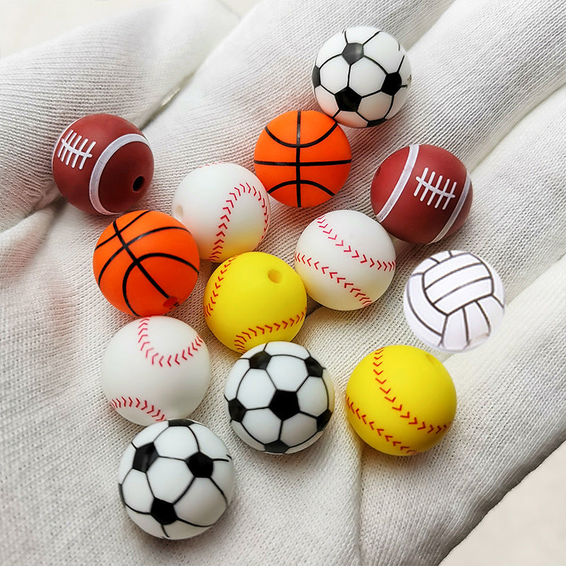 16mm Sports Silicone Beads, Round Matte Basketball Football Baseball Spacer Beads for DIY Jewelry Making, Beadable Pen Crafts, Keychain Wristlet Accessories