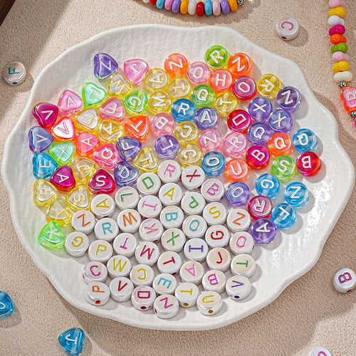 10mm Iridescent Alphabet Letter Beads with 2mm Large Hole for Beadable Pens, Aurora Colorful Round Heart Acrylic Beads for Keychain Making, DIY Crafts