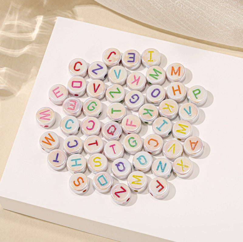 10mm Iridescent Alphabet Letter Beads with 2mm Large Hole for Beadable Pens, Aurora Colorful Round Heart Acrylic Beads for Keychain Making, DIY Crafts