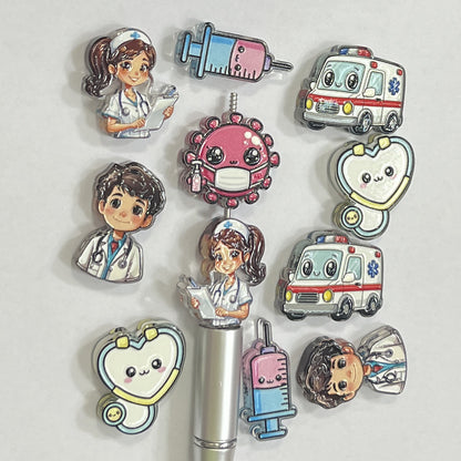 Mixed Cute Medical Theme Focal Beads, Nursing & Doctor Chibi Silicone Beads for DIY Beadable Pens, Syringe, Ambulance, Stethoscope, Virus Charm Spacers