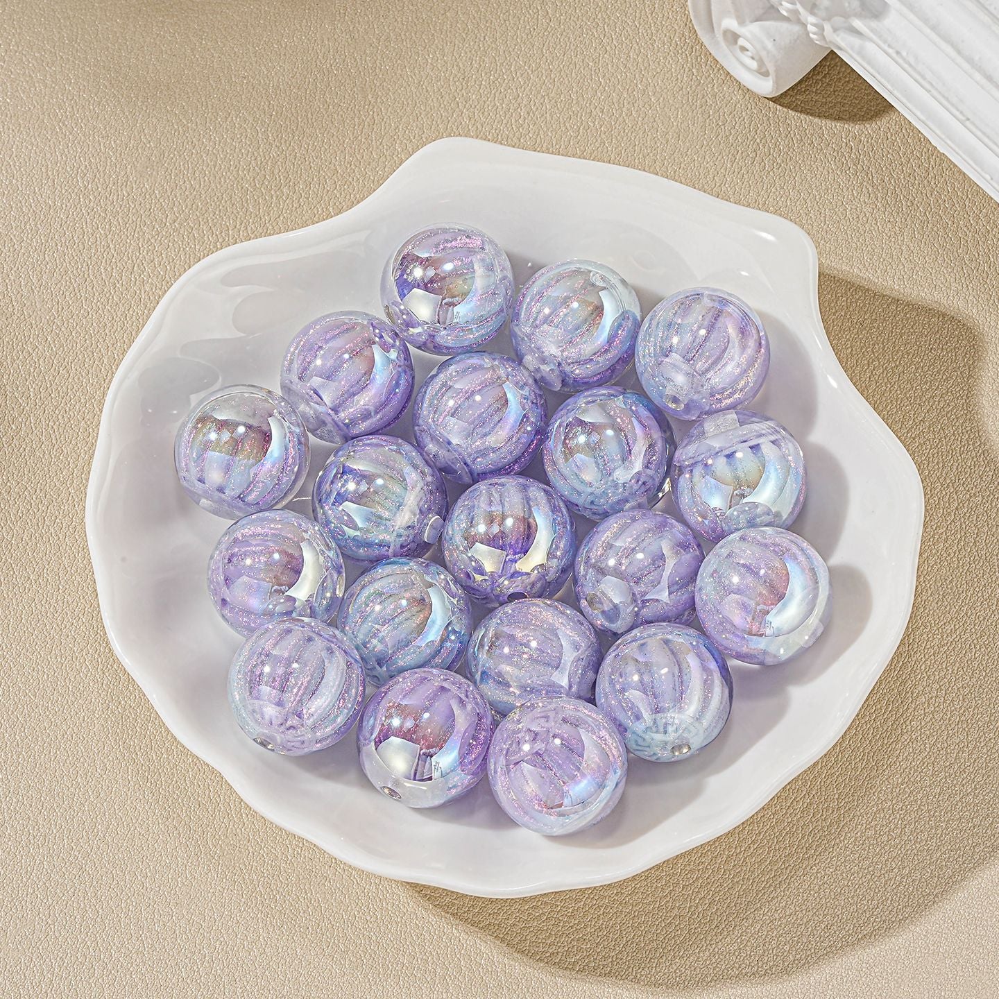 16mm Iridescent 3D Lantern Acrylic Round Beads for Beadable Pens, Aurora Pumpkin Sheen Spacer Beads for Keychain Making, DIY Ribbed Craft Beads
