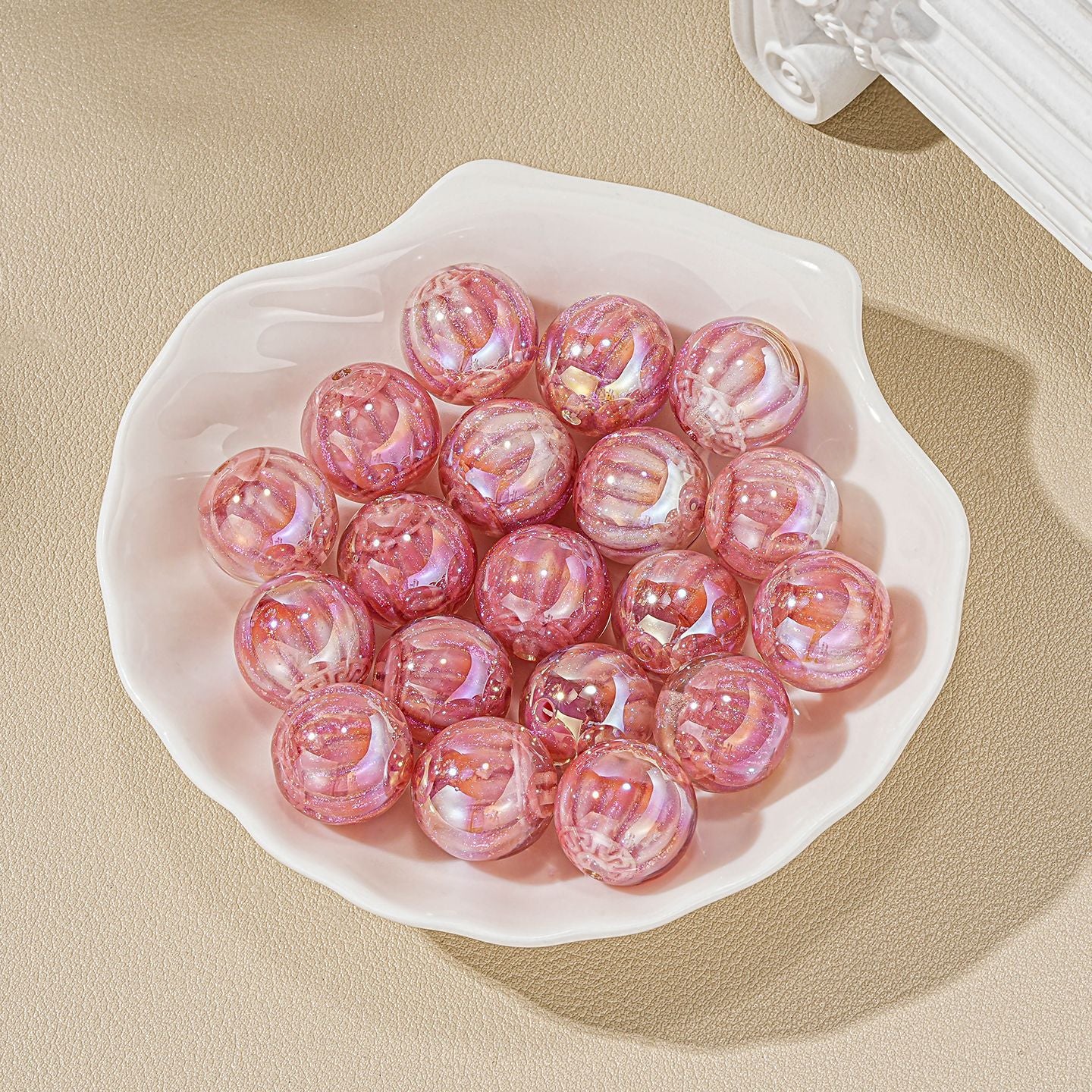 16mm Iridescent 3D Lantern Acrylic Round Beads for Beadable Pens, Aurora Pumpkin Sheen Spacer Beads for Keychain Making, DIY Ribbed Craft Beads