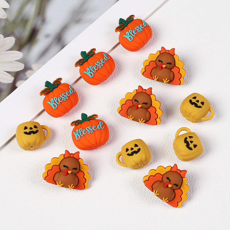 Fall Thanksgiving Silicone Focal Beads for Beadable Pens, Cute Turkey "Blessed" Pumpkin Mug Silicone Beads for Keychain DIY Jewelry Making