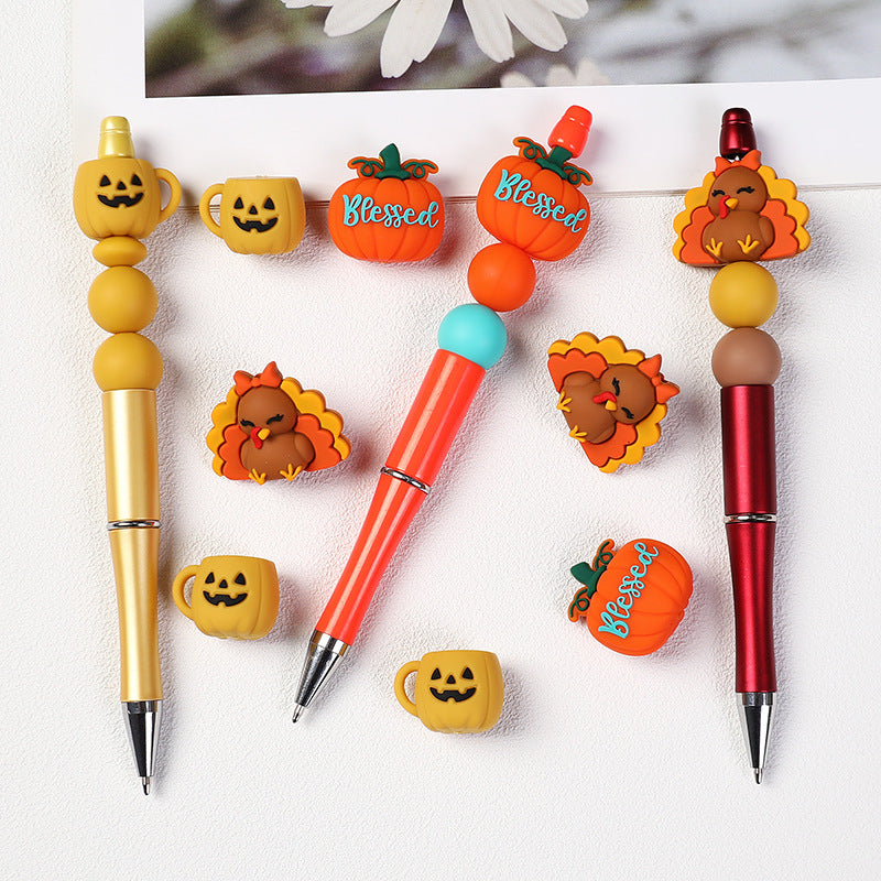 Fall Thanksgiving Silicone Focal Beads for Beadable Pens, Cute Turkey "Blessed" Pumpkin Mug Silicone Beads for Keychain DIY Jewelry Making