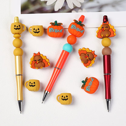 Fall Thanksgiving Silicone Focal Beads for Beadable Pens, Cute Turkey "Blessed" Pumpkin Mug Silicone Beads for Keychain DIY Jewelry Making