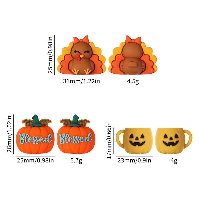 Fall Thanksgiving Silicone Focal Beads for Beadable Pens, Cute Turkey "Blessed" Pumpkin Mug Silicone Beads for Keychain DIY Jewelry Making