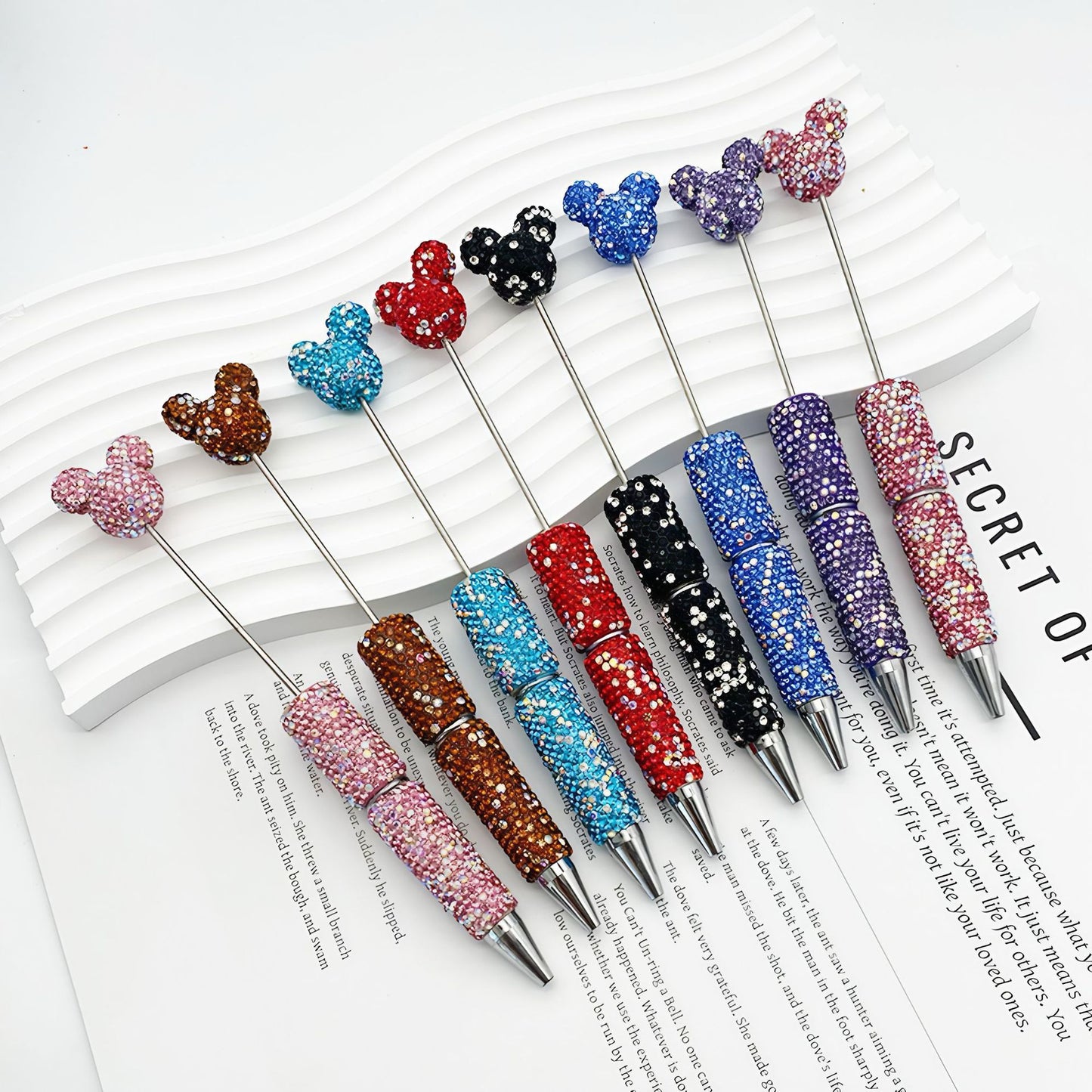 Luxury Rhinestone Mouse Head Beadable Pens Bling Crystal Base DIY Pen Blanks, Sparkly Full Diamond Cartoon Character Pen for Jewelry Making Supplies