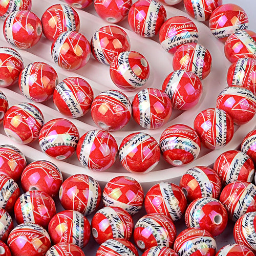 Iridescent Budweiser Inspired Acrylic Beads for Beadable Pens, Cute Red Beer Brand Round Beads, Beverage Lover Gift Spacer Beads for Keychain DIY Crafts