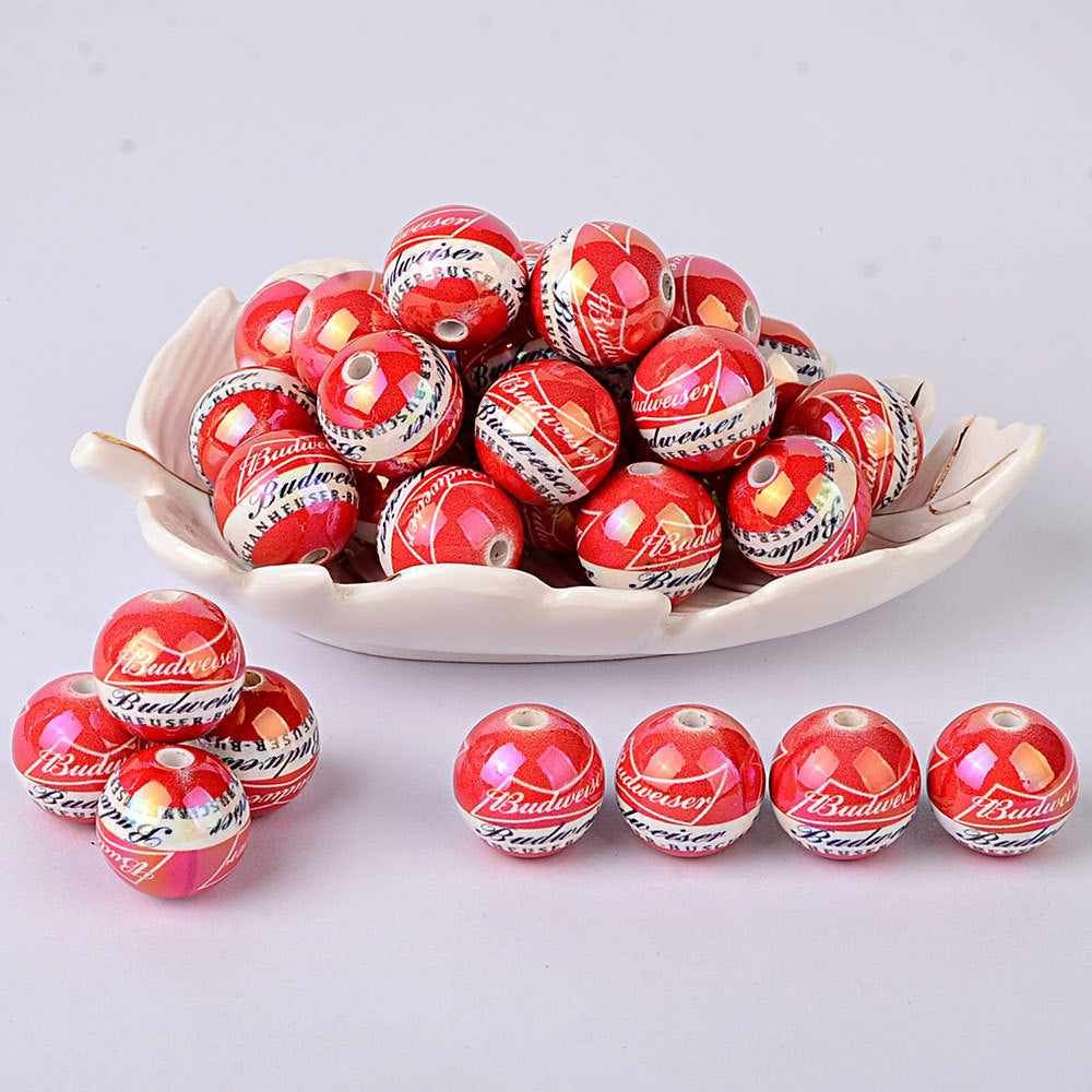 Iridescent Budweiser Inspired Acrylic Beads for Beadable Pens, Cute Red Beer Brand Round Beads, Beverage Lover Gift Spacer Beads for Keychain DIY Crafts