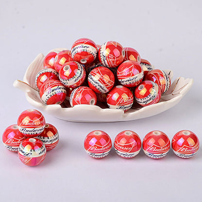 Iridescent Budweiser Inspired Acrylic Beads for Beadable Pens, Cute Red Beer Brand Round Beads, Beverage Lover Gift Spacer Beads for Keychain DIY Crafts