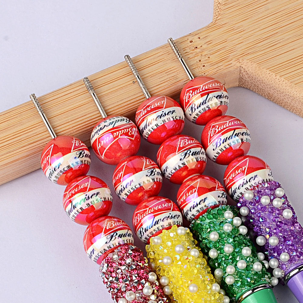 Iridescent Budweiser Inspired Acrylic Beads for Beadable Pens, Cute Red Beer Brand Round Beads, Beverage Lover Gift Spacer Beads for Keychain DIY Crafts