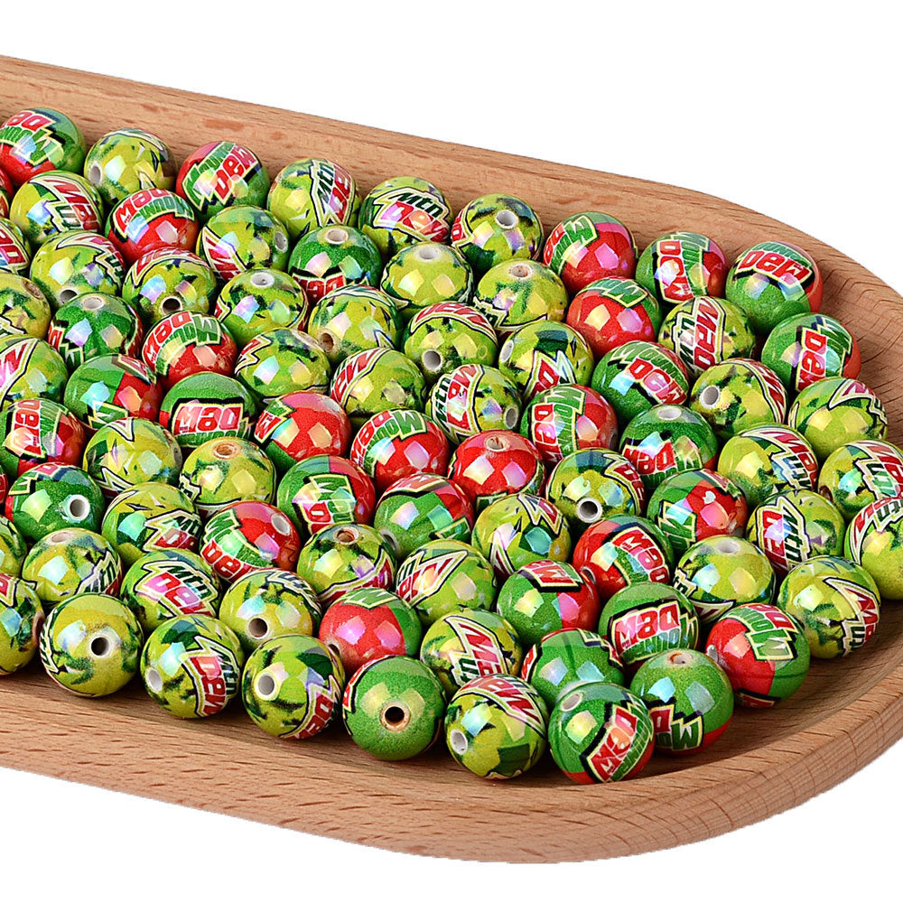 Mountain Dew Inspired Acrylic Beads for Beadable Pens, Cute Neon Green Soda Logo Round Beads, Beverage Lover Gift Spacer Beads for Keychain DIY Crafts